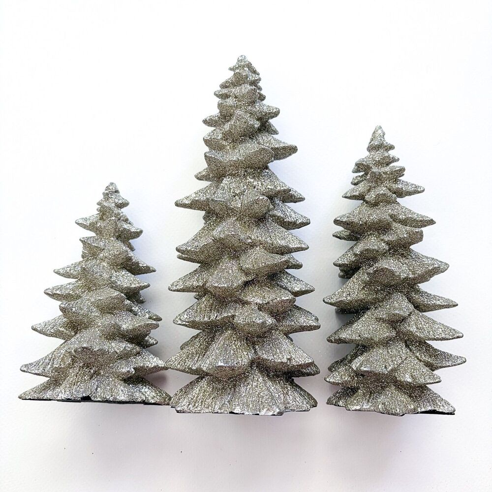 Lot of 3 Christmas Trees Silver Glitter Hard Plastic Tabletop Decor 6" 8" & 10"